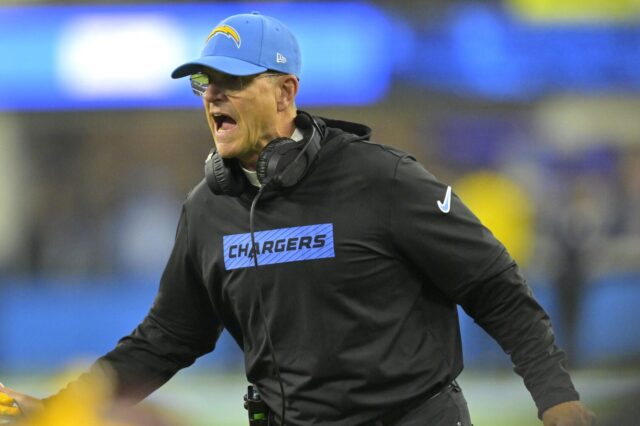 Jim Harbaugh excited on Chargers sideline.