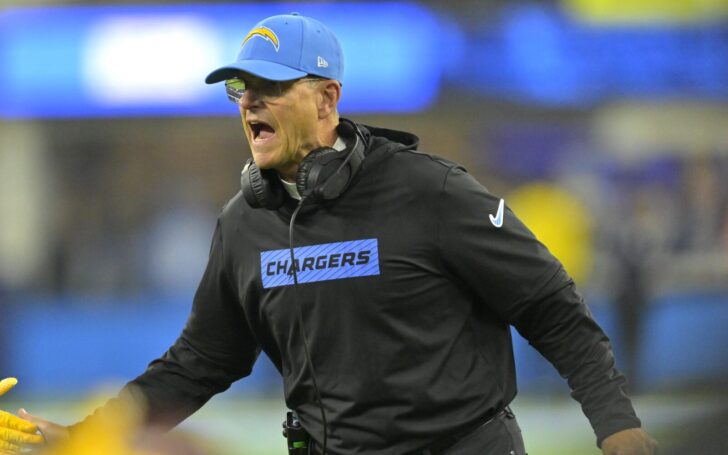 Jim Harbaugh excited on Chargers sideline.