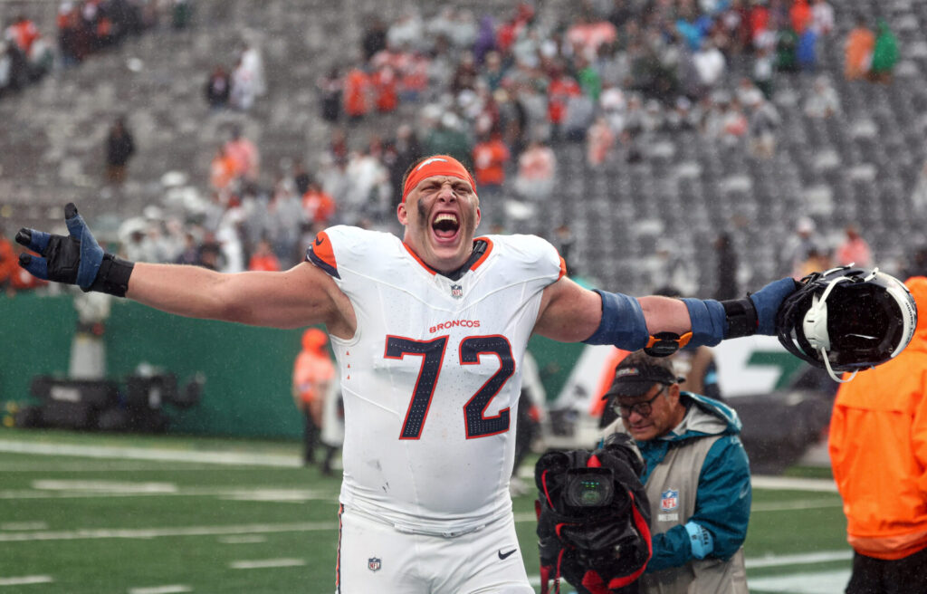 Denver Broncos offensive tackle Garett Bolles (72) celebrates after defeating the New York Jets at MetLife Stadium.