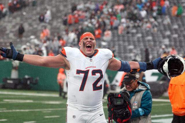 Denver Broncos offensive tackle Garett Bolles (72) celebrates after defeating the New York Jets at MetLife Stadium.