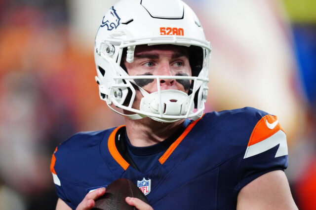 Denver Broncos quarterback Bo Nix (10) before the start of the game against the Cleveland Browns at Empower Field at Mile High.