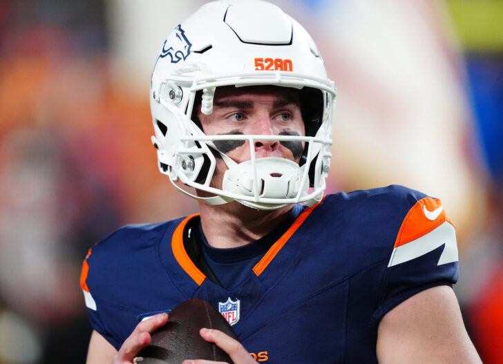 Denver Broncos quarterback Bo Nix (10) before the start of the game against the Cleveland Browns at Empower Field at Mile High.