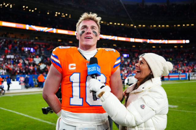 Jan 5, 2025; Denver, Colorado, USA; CBS Sports reporter Tracy Wolfson interviews Denver Broncos quarterback Bo Nix (10) following the win against the Kansas City Chiefs at Empower Field at Mile High. Mandatory Credit: Ron Chenoy-Imagn Images