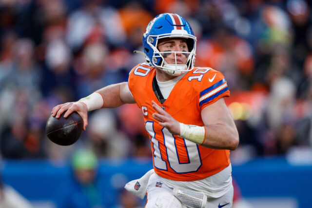 Jan 5, 2025; Denver, Colorado, USA; Denver Broncos quarterback Bo Nix (10) looks to pass in the third quarter against the Kansas City Chiefs at Empower Field at Mile High. Mandatory Credit: Isaiah J. Downing-Imagn Images