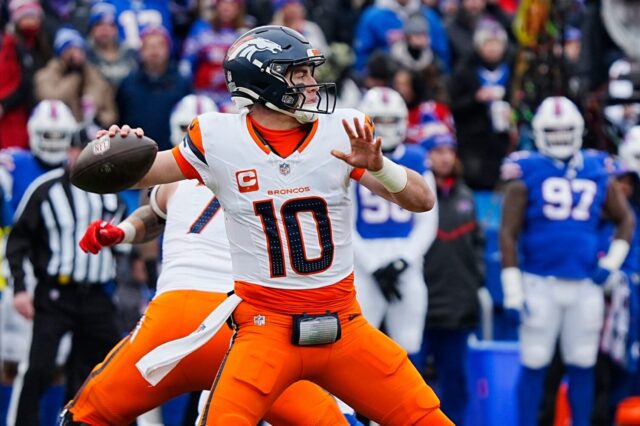 Bo Nix throws against the Bills.