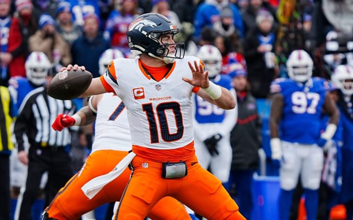 Bo Nix throws against the Bills.