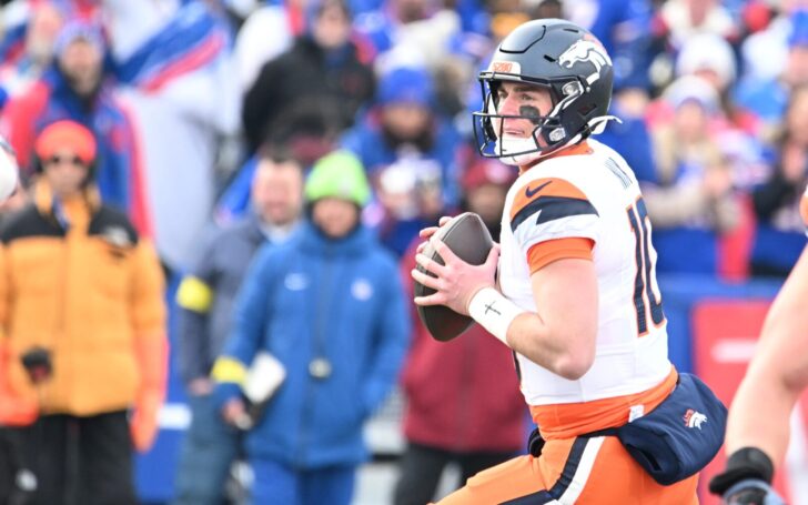 Bo Nix surveys the field against the Buffalo Bills in the playoffs, Jan. 2025.