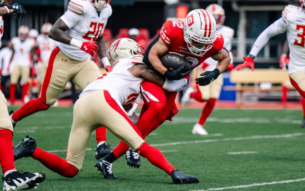 Mario Goodrich makes a tackle for the Birmingham Stallions in March, 2025.