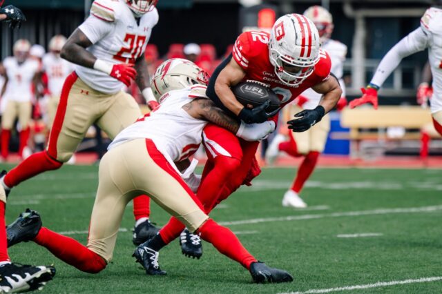 Mario Goodrich makes a tackle for the Birmingham Stallions in March, 2025.
