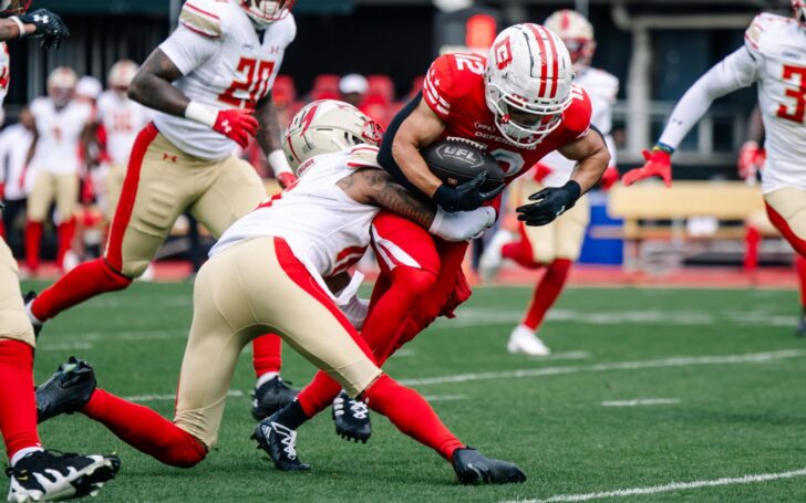 Mario Goodrich makes a tackle for the Birmingham Stallions in March, 2025.