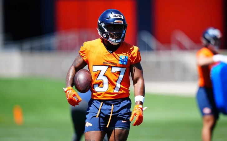 R.J. Harvey in Broncos rookie minicamp. He's wearing 37 and a helmet with "HARVEY" written on tape.