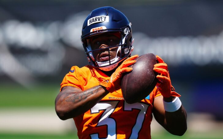 R.J. Harvey catches a pass in Broncos rookie minicamp in May.