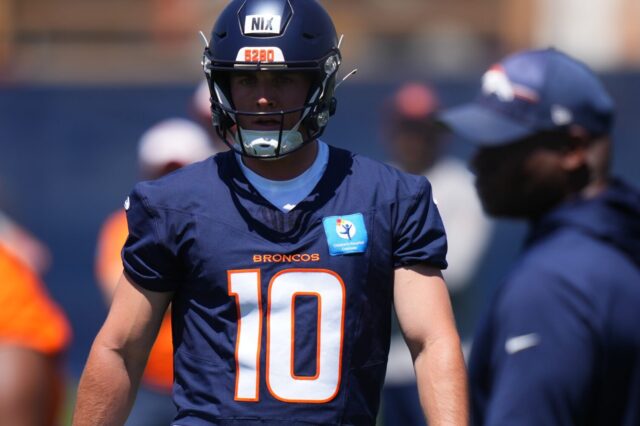 Bo Nix at Broncos minicamp in June.