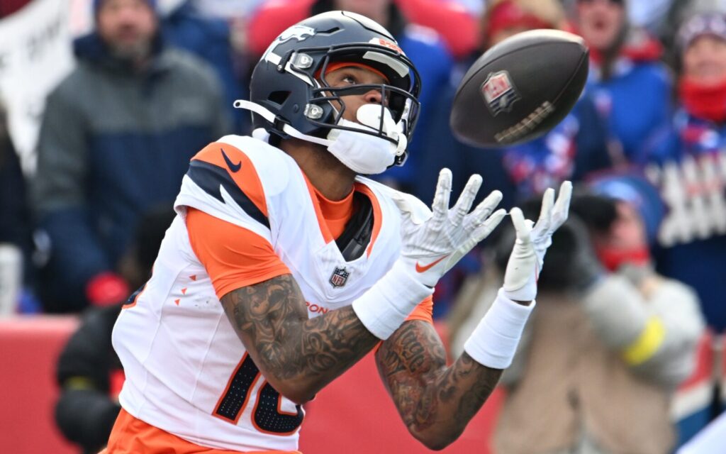 Troy Franklin hauls in a long touchdown from Bo Nix in the playoff game against the Bills in January, 2025.