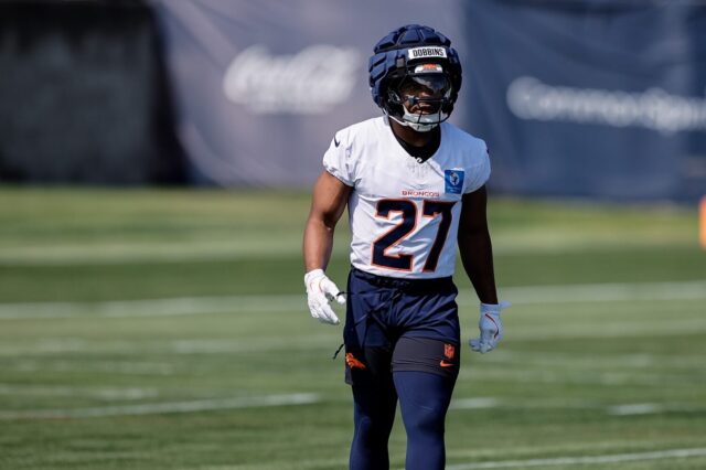J.K. Dobbins at Denver Broncos training camp in late July.