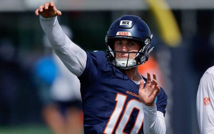 Denver Broncos Training Camp: Bo Nix passes at training camp.