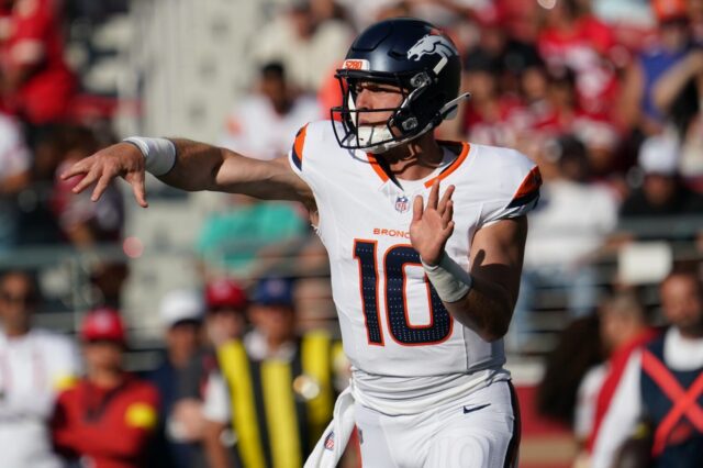 Bo Nix throws against the 49ers in preseason game 1.