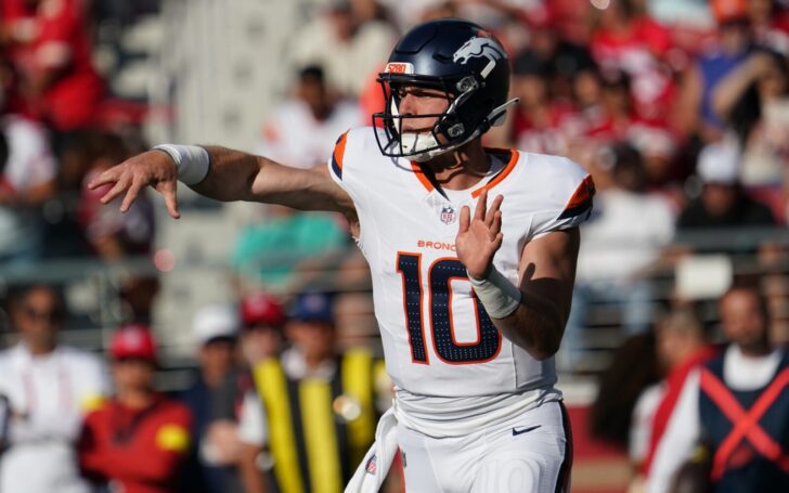 Bo Nix throws against the 49ers in preseason game 1.