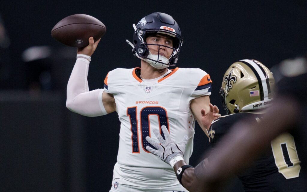 Bo Nix throws against the Saints in preseason, 2025.
