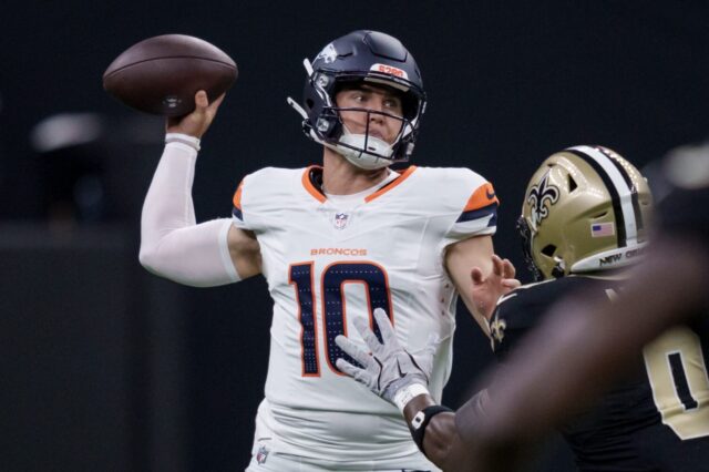 Bo Nix throws against the Saints in preseason, 2025.