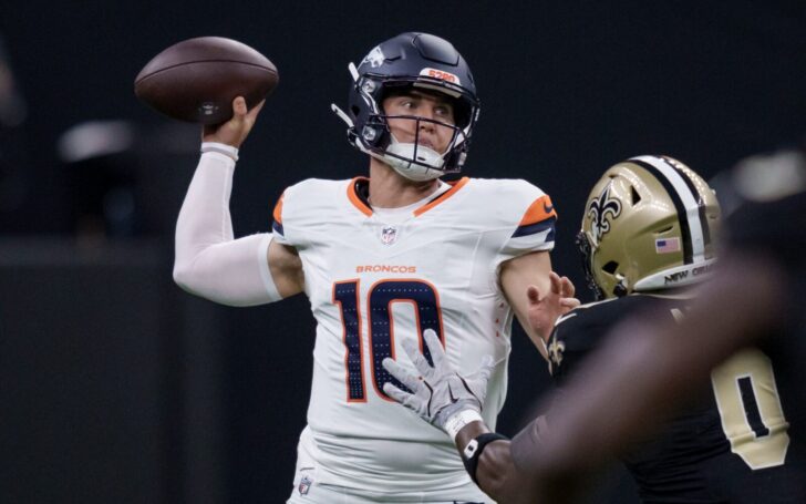 Bo Nix throws against the Saints in preseason, 2025.