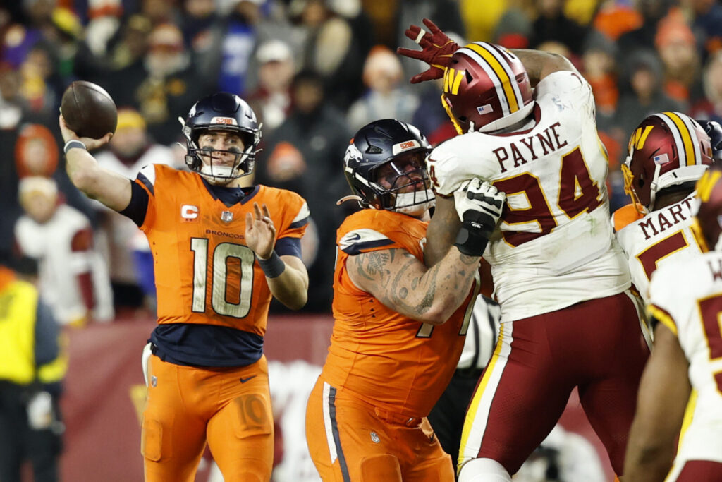 Bo Nix throws against the Commanders on Sunday Night Football.